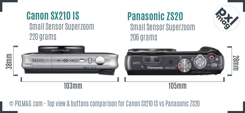 Canon SX210 IS vs Panasonic ZS20 top view buttons comparison