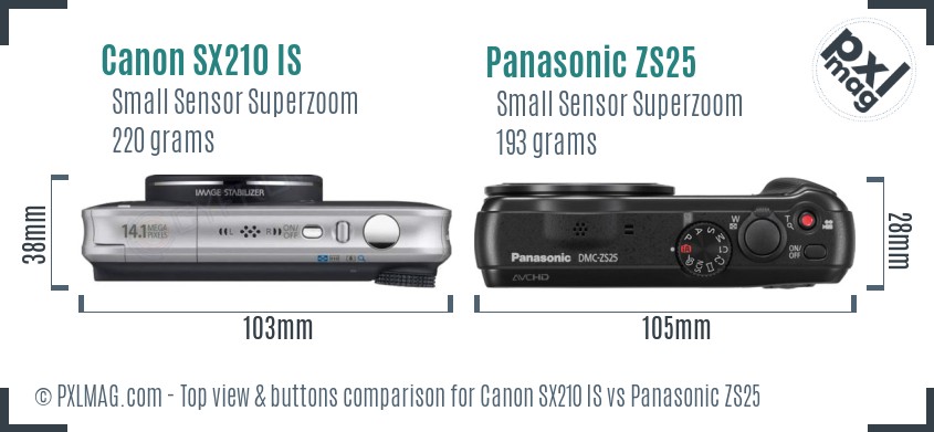 Canon SX210 IS vs Panasonic ZS25 top view buttons comparison