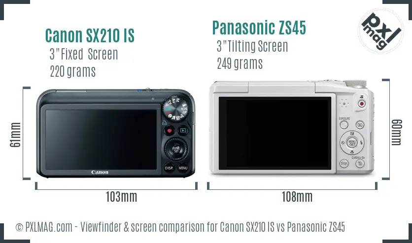 Canon SX210 IS vs Panasonic ZS45 Screen and Viewfinder comparison