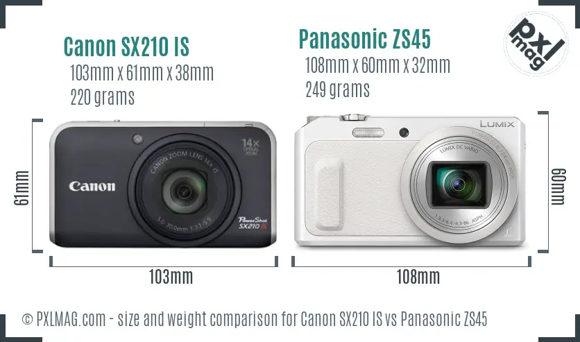 Canon SX210 IS vs Panasonic ZS45 size comparison
