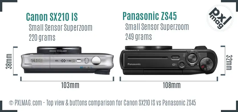 Canon SX210 IS vs Panasonic ZS45 top view buttons comparison