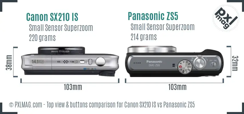 Canon SX210 IS vs Panasonic ZS5 top view buttons comparison Canon SX210 IS vs Panasonic ZS5 top view buttons comparison