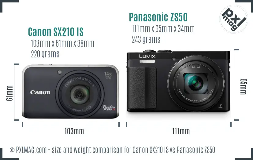 Canon SX210 IS vs Panasonic ZS50 size comparison