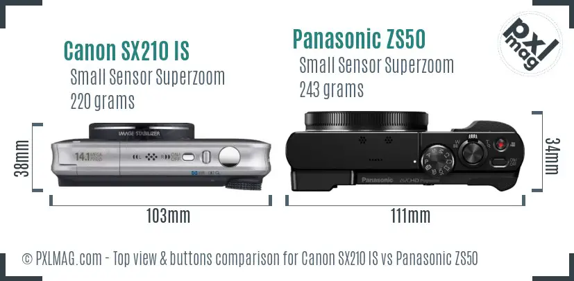Canon SX210 IS vs Panasonic ZS50 top view buttons comparison