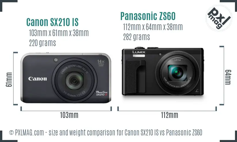 Canon SX210 IS vs Panasonic ZS60 size comparison