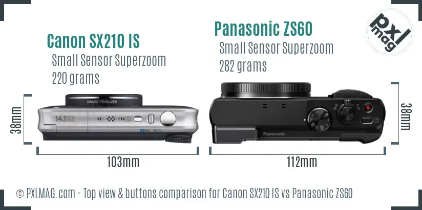 Canon SX210 IS vs Panasonic ZS60 top view buttons comparison