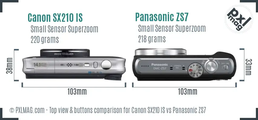 Canon SX210 IS vs Panasonic ZS7 top view buttons comparison Canon SX210 IS vs Panasonic ZS7 top view buttons comparison