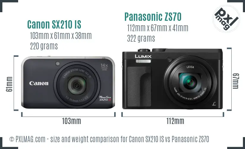 Canon SX210 IS vs Panasonic ZS70 size comparison