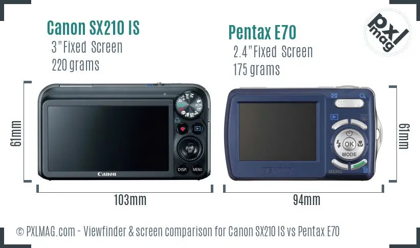 Canon SX210 IS vs Pentax E70 Screen and Viewfinder comparison