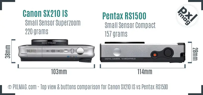 Canon SX210 IS vs Pentax RS1500 top view buttons comparison Canon SX210 IS vs Pentax RS1500 top view buttons comparison