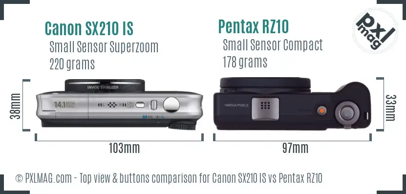 Canon SX210 IS vs Pentax RZ10 top view buttons comparison