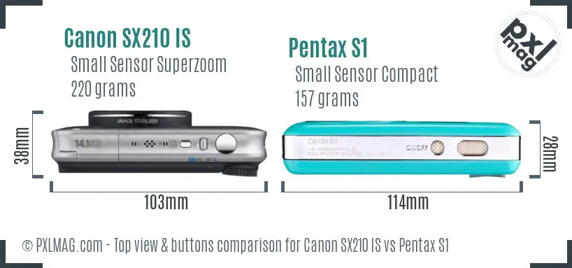 Canon SX210 IS vs Pentax S1 top view buttons comparison Canon SX210 IS vs Pentax S1 top view buttons comparison