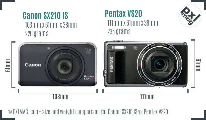 Canon SX210 IS vs Pentax VS20 size comparison