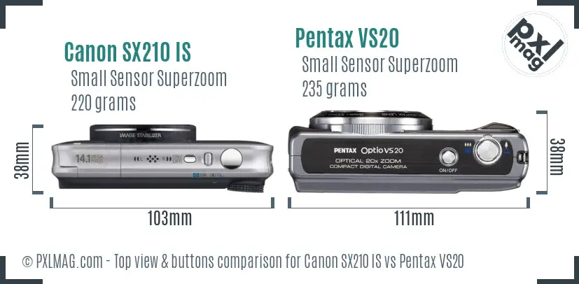 Canon SX210 IS vs Pentax VS20 top view buttons comparison