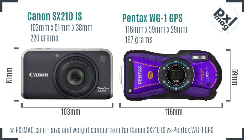 Canon SX210 IS vs Pentax WG-1 GPS size comparison Canon SX210 IS vs Pentax WG-1 GPS size comparison