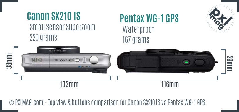 Canon SX210 IS vs Pentax WG-1 GPS top view buttons comparison