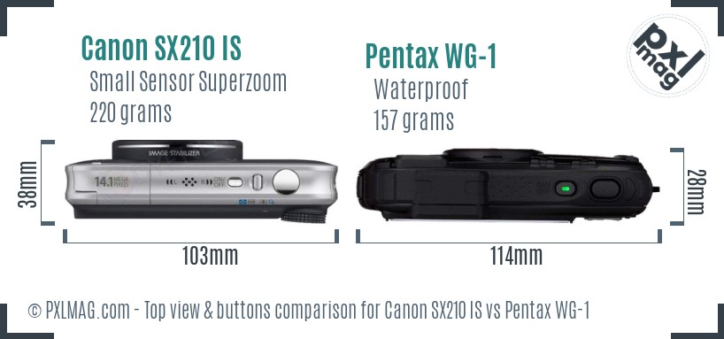 Canon SX210 IS vs Pentax WG-1 top view buttons comparison