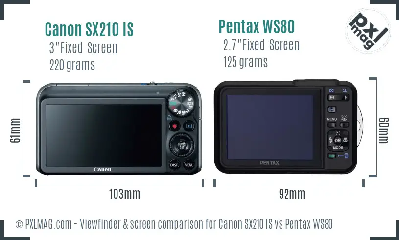 Canon SX210 IS vs Pentax WS80 Screen and Viewfinder comparison