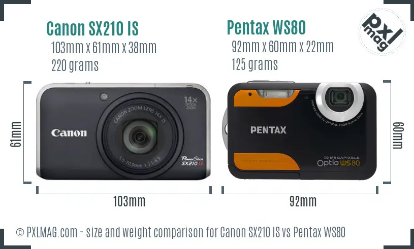 Canon SX210 IS vs Pentax WS80 size comparison