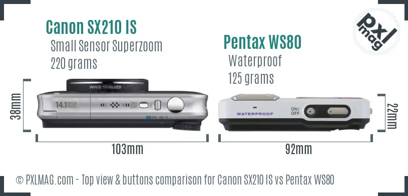 Canon SX210 IS vs Pentax WS80 top view buttons comparison