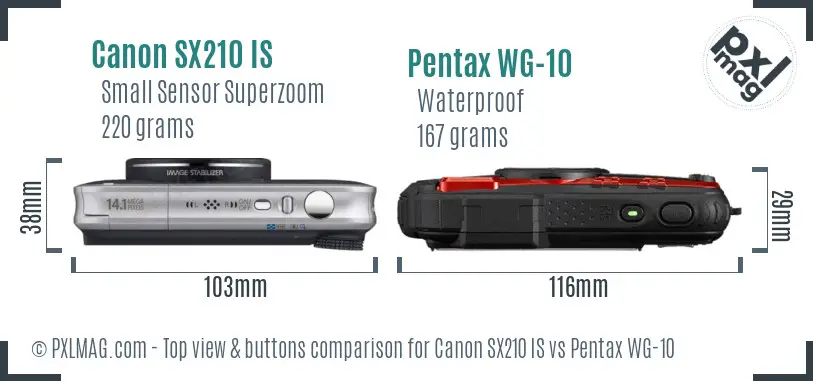 Canon SX210 IS vs Pentax WG-10 top view buttons comparison