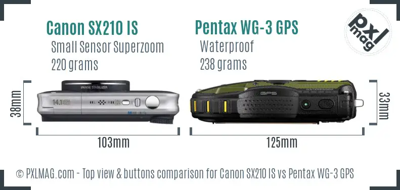 Canon SX210 IS vs Pentax WG-3 GPS top view buttons comparison