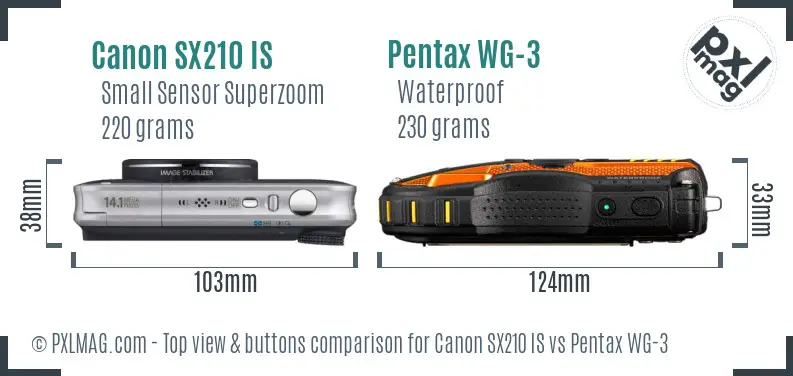 Canon SX210 IS vs Pentax WG-3 top view buttons comparison