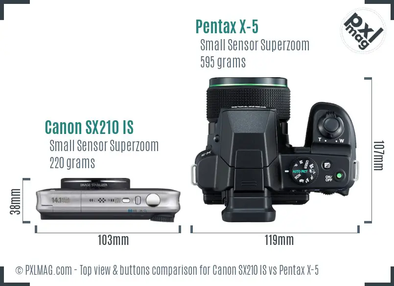 Canon SX210 IS vs Pentax X-5 top view buttons comparison