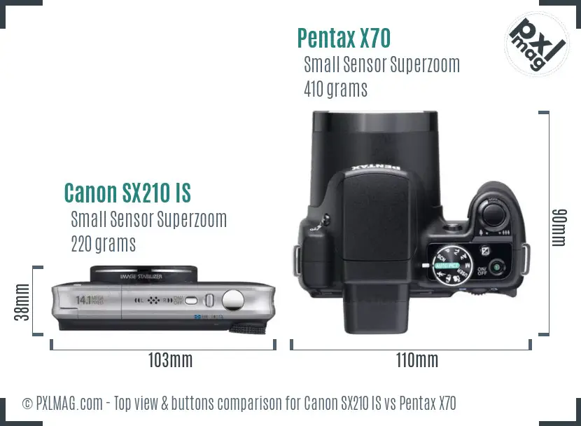 Canon SX210 IS vs Pentax X70 top view buttons comparison