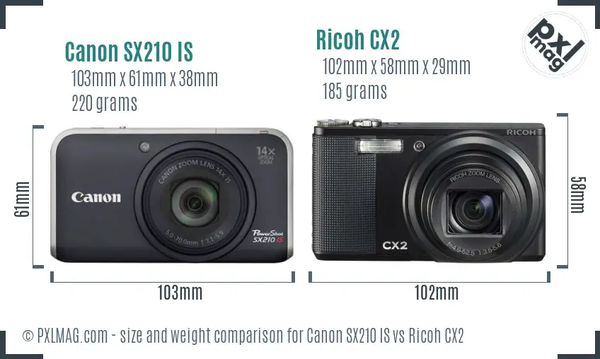 Canon SX210 IS vs Ricoh CX2 size comparison