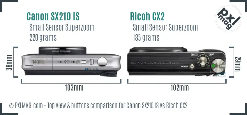Canon SX210 IS vs Ricoh CX2 top view buttons comparison