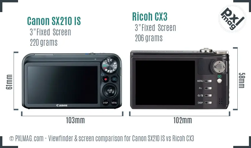 Canon SX210 IS vs Ricoh CX3 Screen and Viewfinder comparison