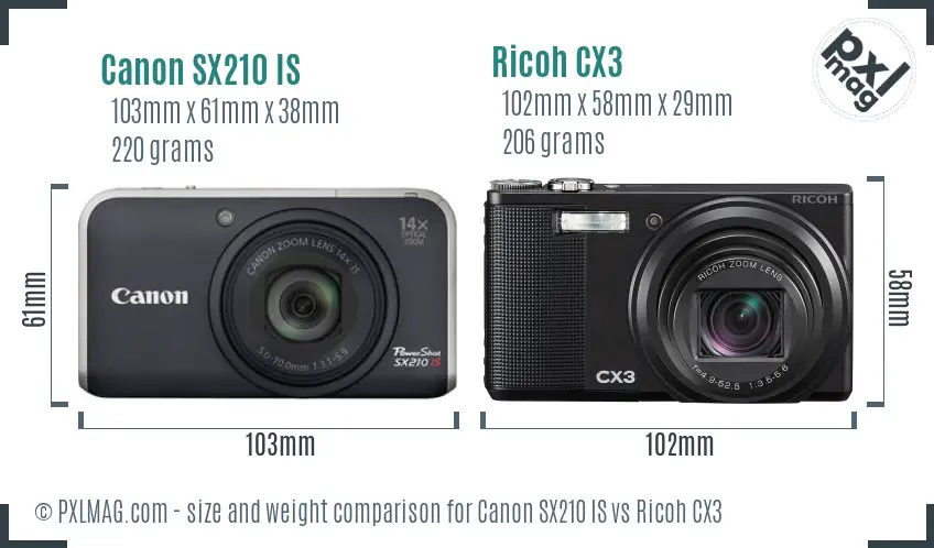 Canon SX210 IS vs Ricoh CX3 size comparison Canon SX210 IS vs Ricoh CX3 size comparison