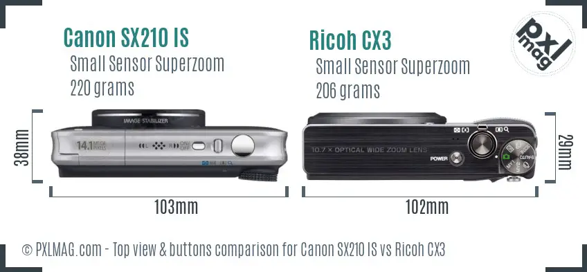 Canon SX210 IS vs Ricoh CX3 top view buttons comparison