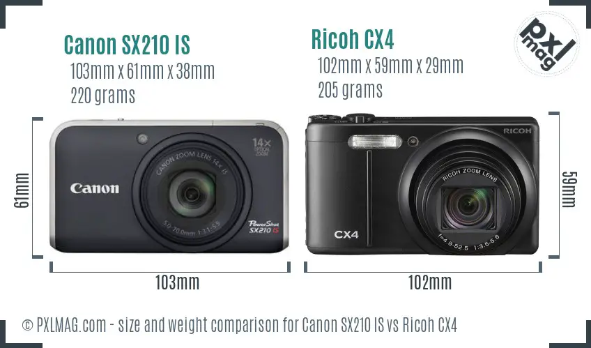 Canon SX210 IS vs Ricoh CX4 size comparison Canon SX210 IS vs Ricoh CX4 size comparison