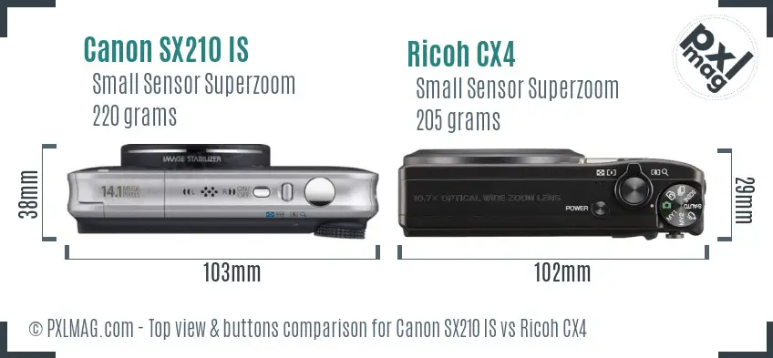 Canon SX210 IS vs Ricoh CX4 top view buttons comparison Canon SX210 IS vs Ricoh CX4 top view buttons comparison