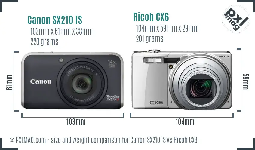 Canon SX210 IS vs Ricoh CX6 size comparison