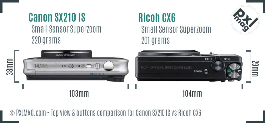 Canon SX210 IS vs Ricoh CX6 top view buttons comparison