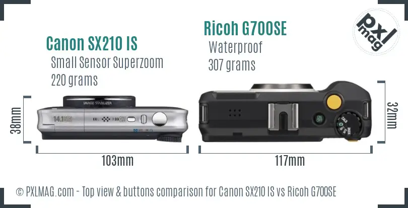 Canon SX210 IS vs Ricoh G700SE top view buttons comparison