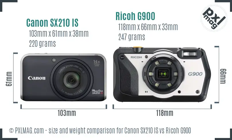 Canon SX210 IS vs Ricoh G900 size comparison