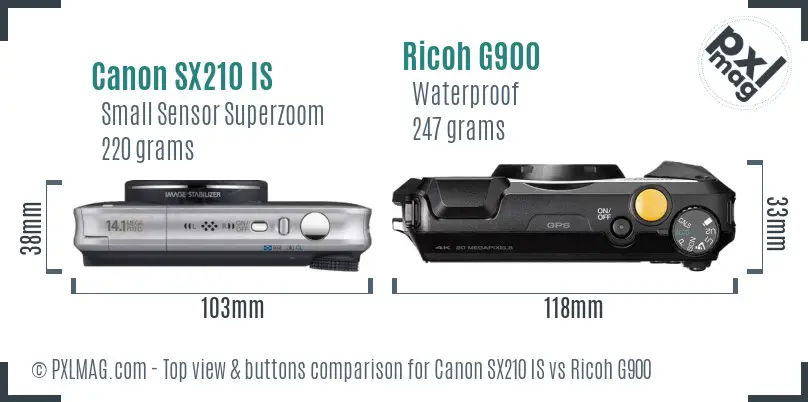 Canon SX210 IS vs Ricoh G900 top view buttons comparison