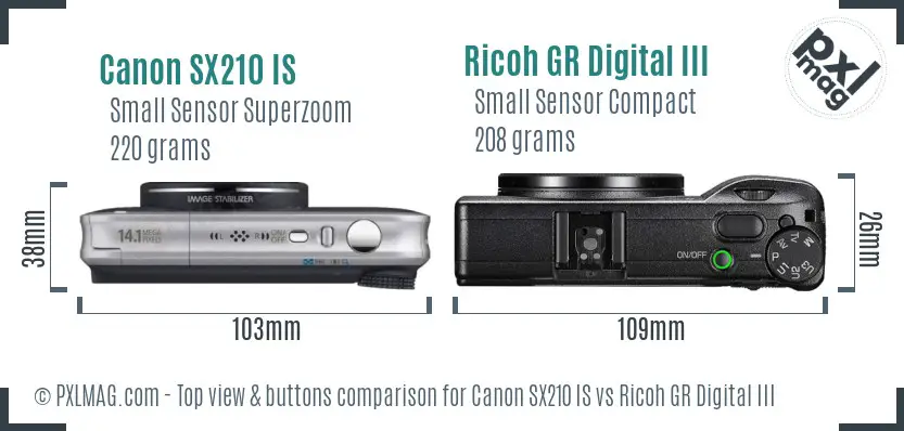 Canon SX210 IS vs Ricoh GR Digital III top view buttons comparison Canon SX210 IS vs Ricoh GR Digital III top view buttons comparison