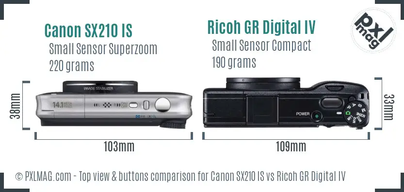 Canon SX210 IS vs Ricoh GR Digital IV top view buttons comparison Canon SX210 IS vs Ricoh GR Digital IV top view buttons comparison