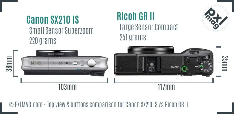 Canon SX210 IS vs Ricoh GR II top view buttons comparison