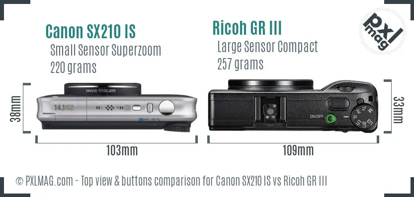 Canon SX210 IS vs Ricoh GR III top view buttons comparison Canon SX210 IS vs Ricoh GR III top view buttons comparison