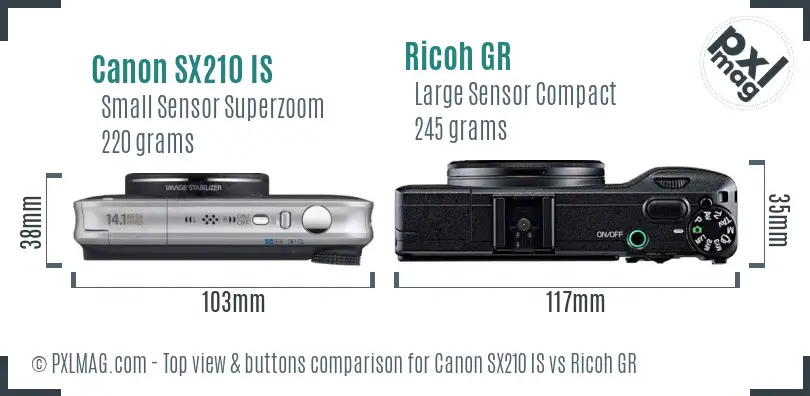 Canon SX210 IS vs Ricoh GR top view buttons comparison Canon SX210 IS vs Ricoh GR top view buttons comparison