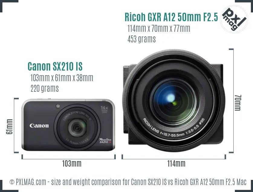 Canon SX210 IS vs Ricoh GXR A12 50mm F2.5 Macro size comparison Canon SX210 IS vs Ricoh GXR A12 50mm F2.5 Macro size comparison