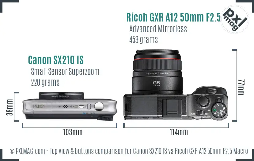 Canon SX210 IS vs Ricoh GXR A12 50mm F2.5 Macro top view buttons comparison