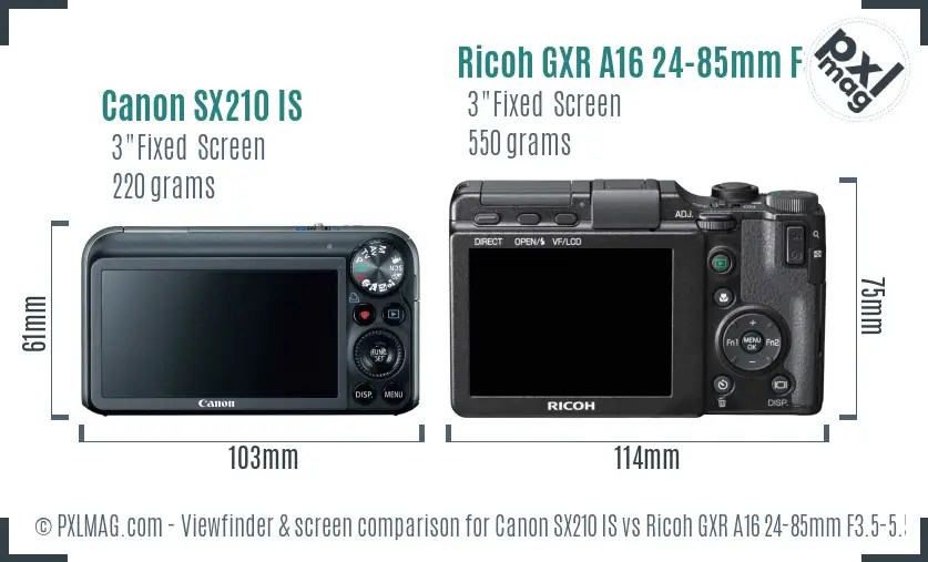 Canon SX210 IS vs Ricoh GXR A16 24-85mm F3.5-5.5 Screen and Viewfinder comparison Canon SX210 IS vs Ricoh GXR A16 24-85mm F3.5-5.5 Screen and Viewfinder comparison