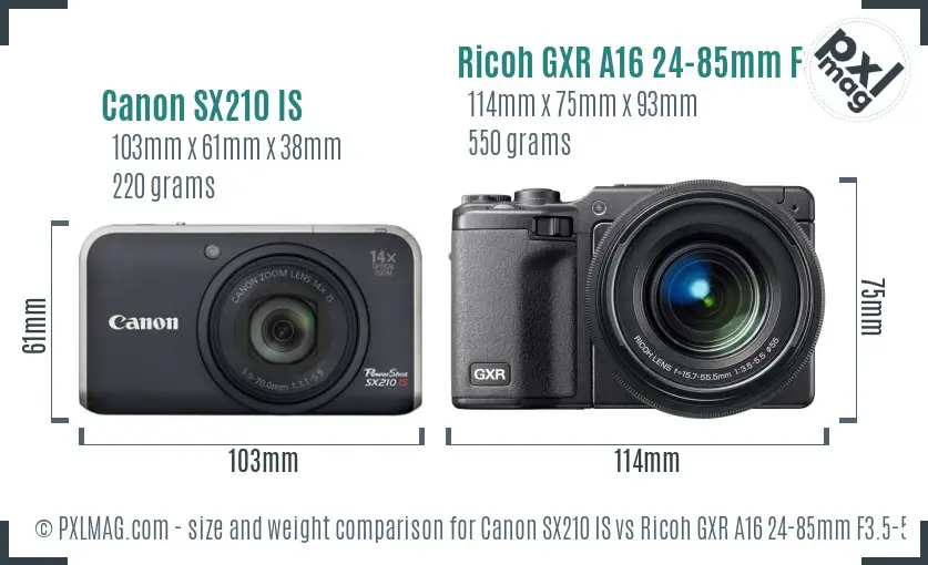 Canon SX210 IS vs Ricoh GXR A16 24-85mm F3.5-5.5 size comparison Canon SX210 IS vs Ricoh GXR A16 24-85mm F3.5-5.5 size comparison